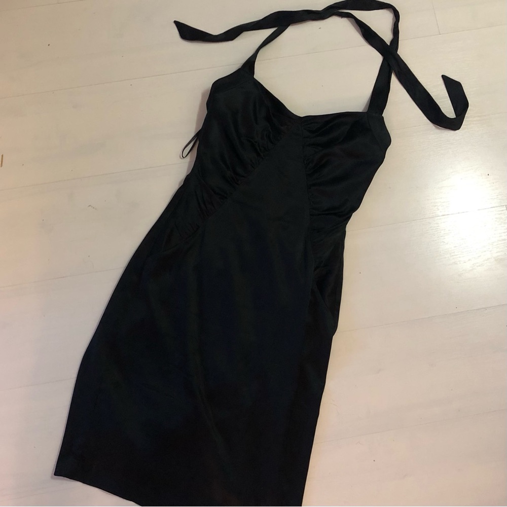 Betsey Johnson 100% silk black ruched halter dress